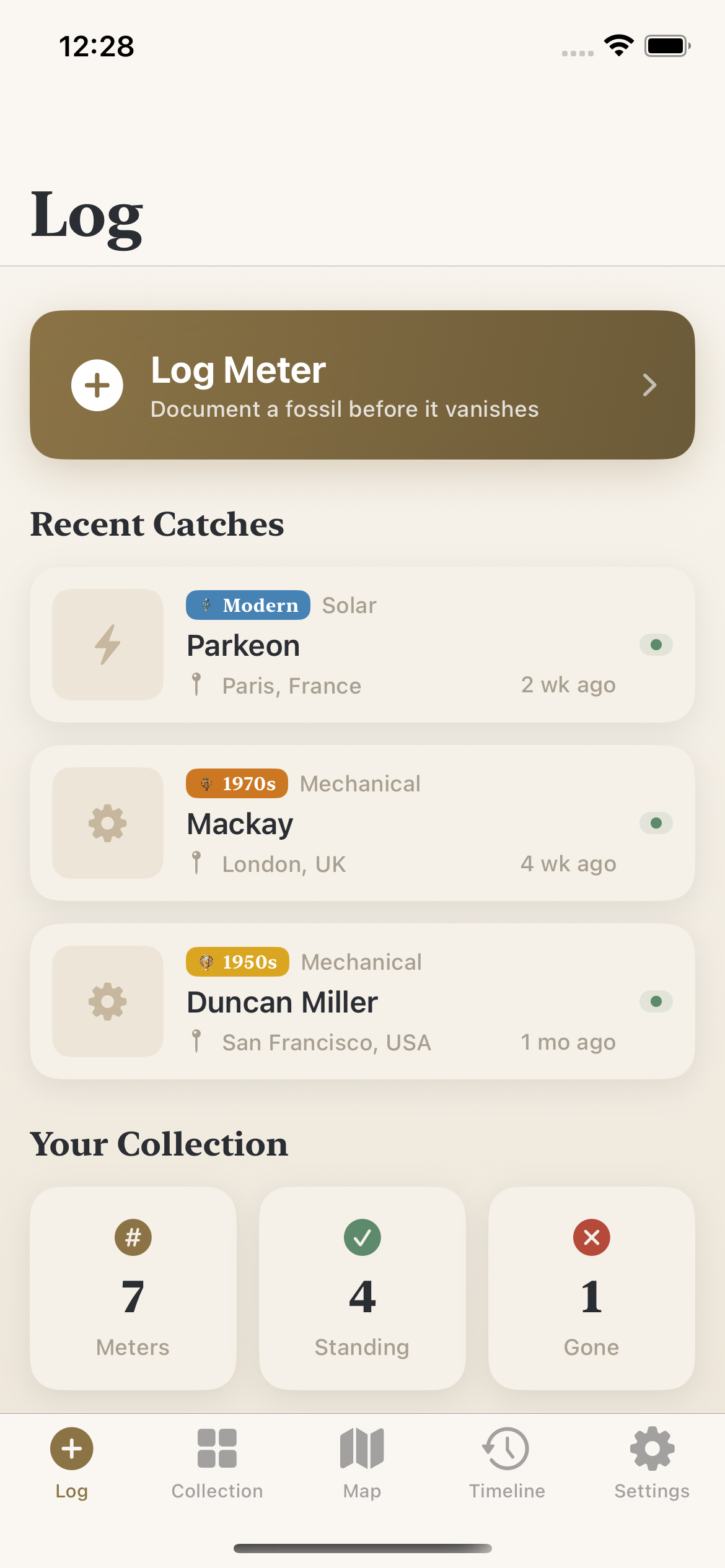 Fossil Coin app — Log tab